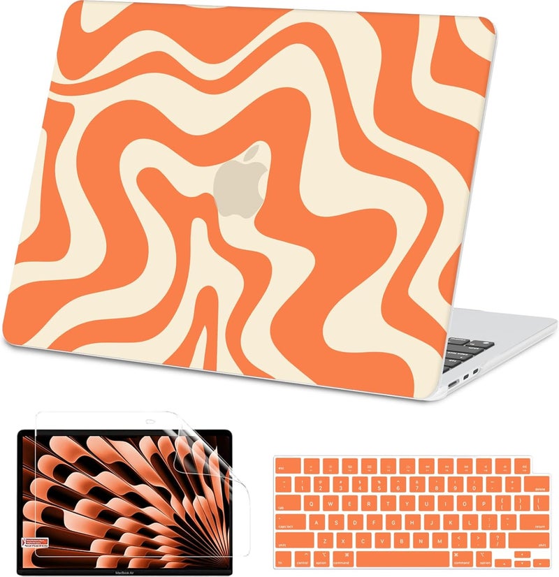 AKIT Compatible with MacBook Air 13 inch Case 2026 2025 2024-2022 M4 M3 M2 A3240 A3113 A2681, Unique Hard Shell Laptop Case+Screen Protector+Keyboard Cover for MacBook Air 13.6 inch, Orange Wave - Image 1